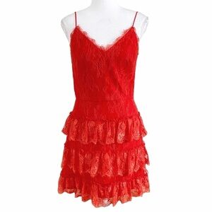 ML MONIQUE LHUILLIER RED LACE SLEEVELESS TIERED COCKTAIL DRESS - 4